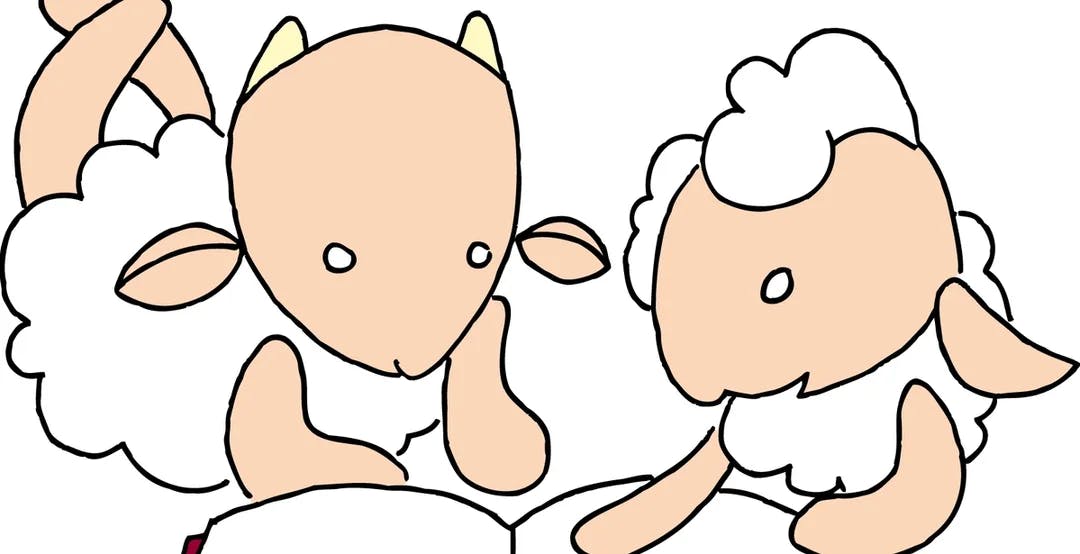 Tegning av to lam som leser i en bok